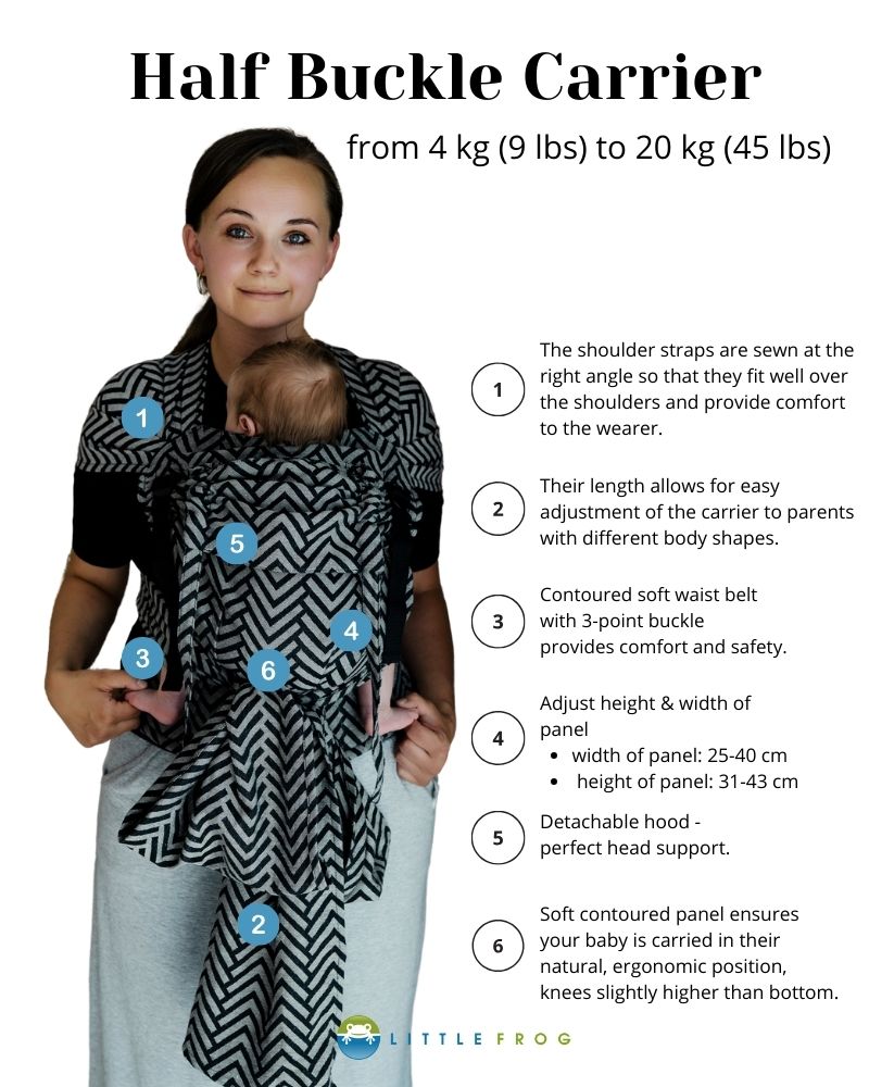 Little Frog Cross Hybrid Carbon Harmony half buckle baby carrier for babies from 4 to 20 kg